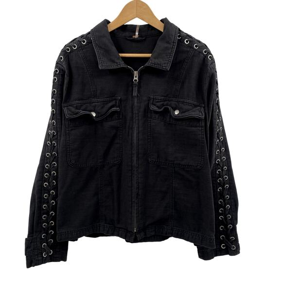 Free People Faye Cotton Black Military Lace Up Jacket - Picture 3 of 7